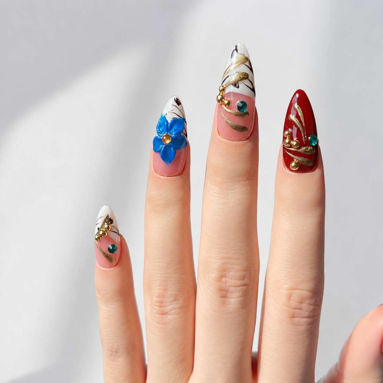 Handmade medium almond 3D floral nails rhinestone luxury art statement pink & blue design-Gypsy Flower A021