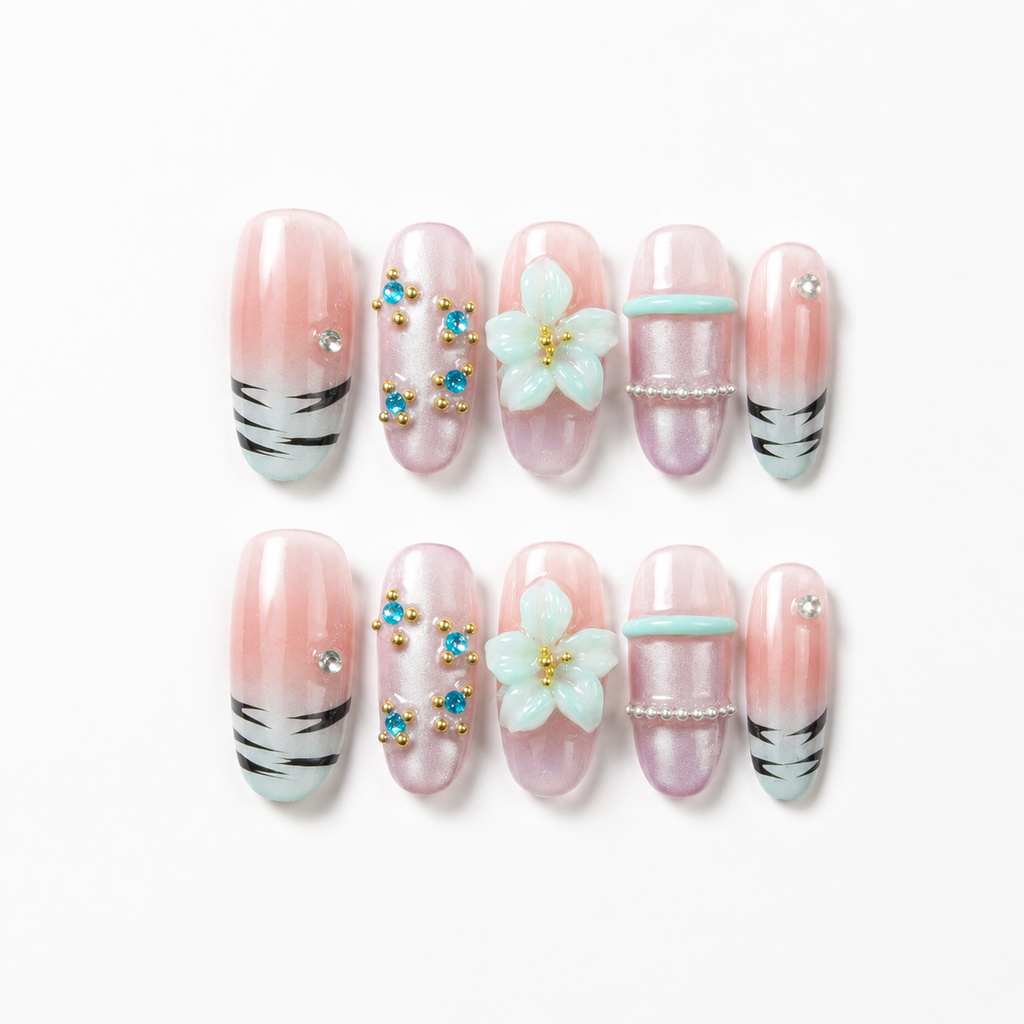 Handmade medium almond 3D floral nails pastel bloom Y2K pink mint Floral Pearl Accent Set-Summer of Mint A022