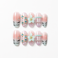 Handmade medium almond 3D floral nails pastel bloom Y2K pink mint Floral Pearl Accent Set-Summer of Mint A022