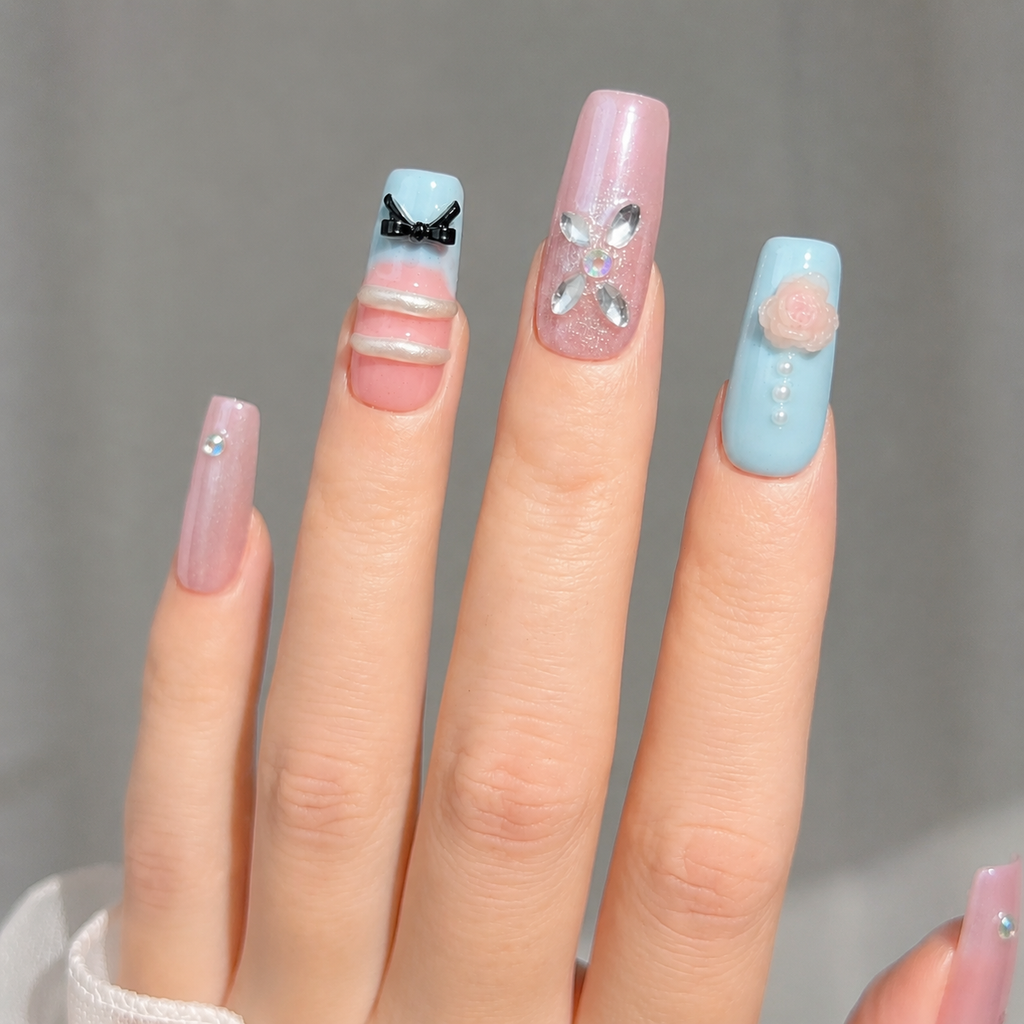 Handmade pastel pink & baby blue 3D bow Y2K rhinestone floral cute medium coffin nail-Pink Blue Glow A024