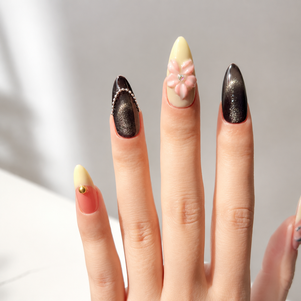 Handmade medium almond black cat eye nude pink floral 3D flower rhinestone elegant fake nails-Midnight Petal A019