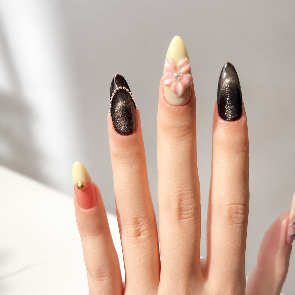 Handmade medium almond black cat eye nude pink floral 3D flower rhinestone elegant fake nails-Midnight Petal A019