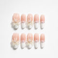 Handmade long oval blush peach 3D floral white french tip nails elegant pearl accent bridal nail-Wedding Dress A023