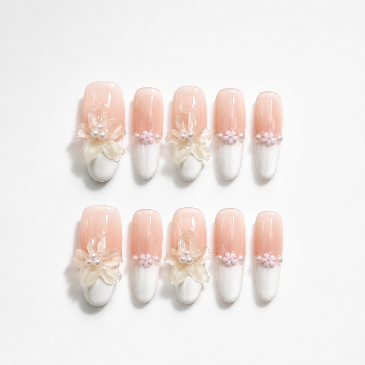 Handmade long oval blush peach 3D floral white french tip nails elegant pearl accent bridal nail-Wedding Dress A023