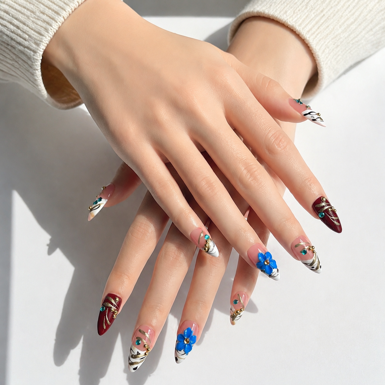 Handmade medium almond 3D floral nails rhinestone luxury art statement pink & blue design-Gypsy Flower A021