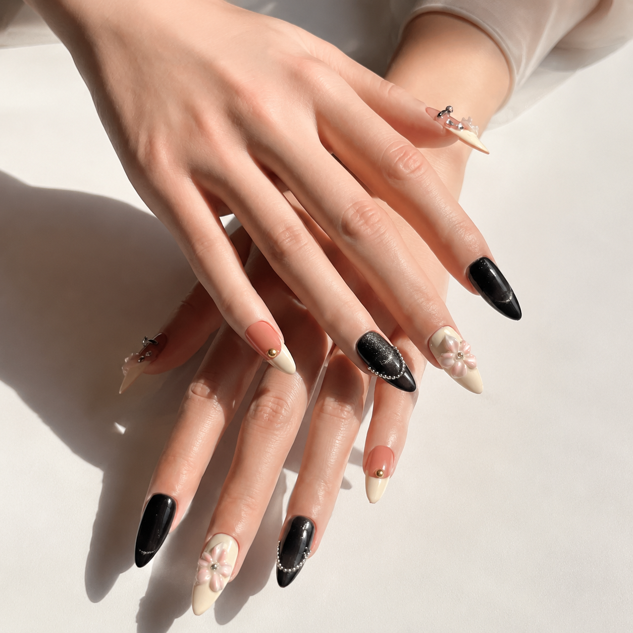 Handmade medium almond black cat eye nude pink floral 3D flower rhinestone elegant fake nails-Midnight Petal A019