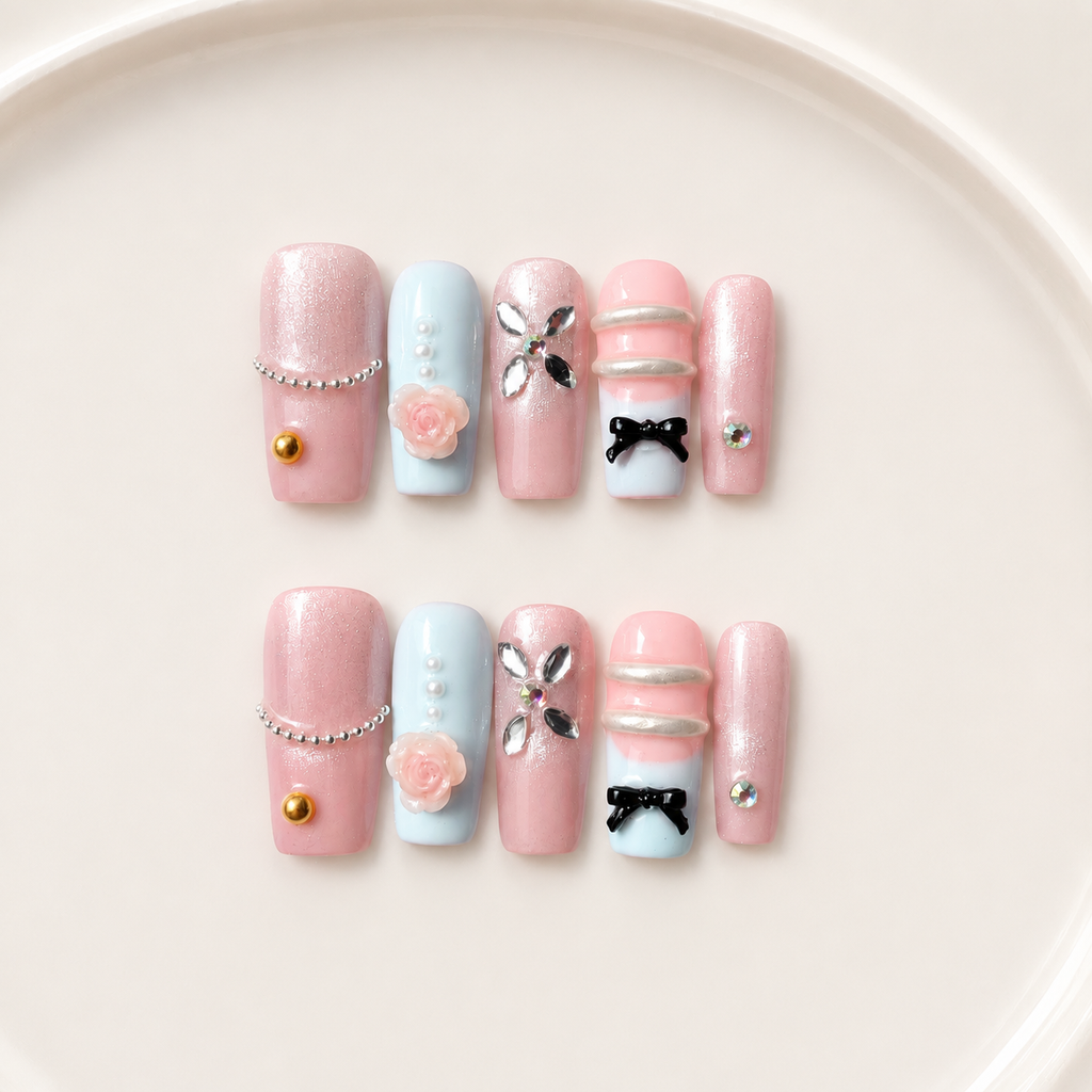 Handmade pastel pink & baby blue 3D bow Y2K rhinestone floral cute medium coffin nail-Pink Blue Glow A024