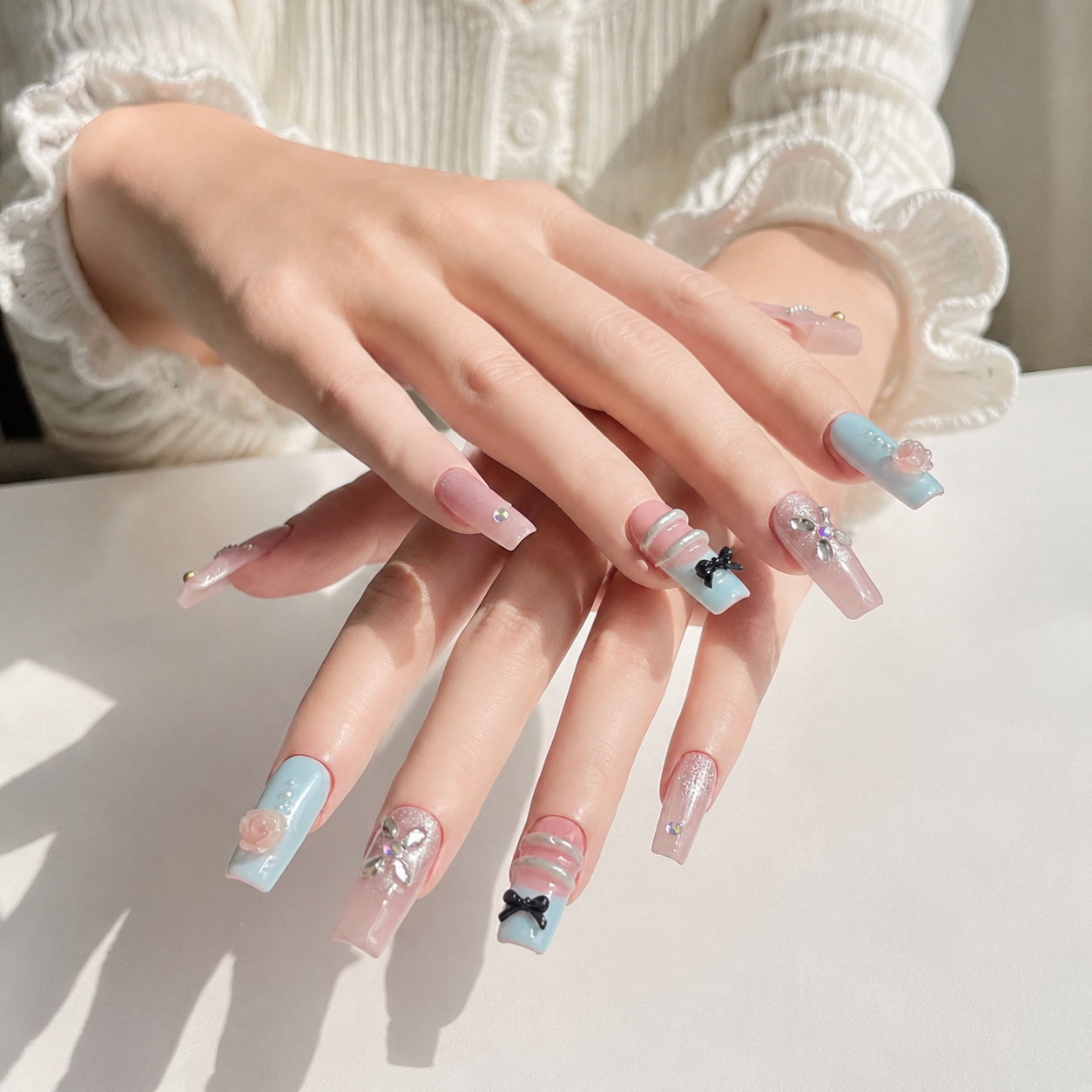 Handmade pastel pink & baby blue 3D bow Y2K rhinestone floral cute medium coffin nail-Pink Blue Glow A024
