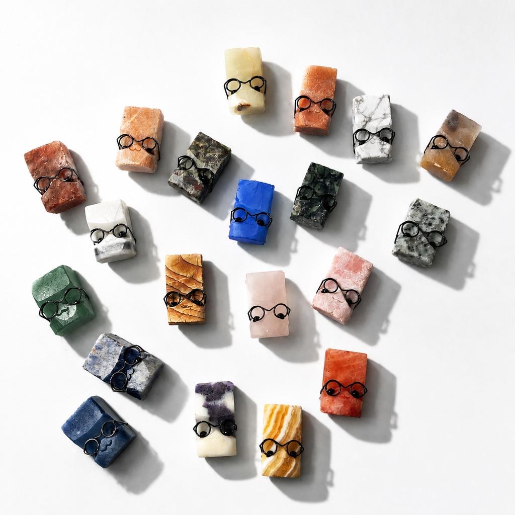 Multi-material crystal carved figurine assorted crystal raw stones cut into block shapes wearing glasses small statues-C005