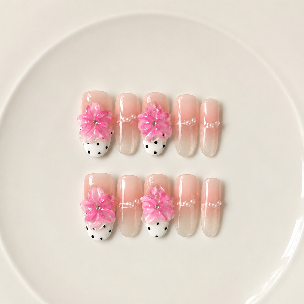 Handmade medium oval press on nails pink floral 3D flower polka dot french tip-Pink Bubble A020