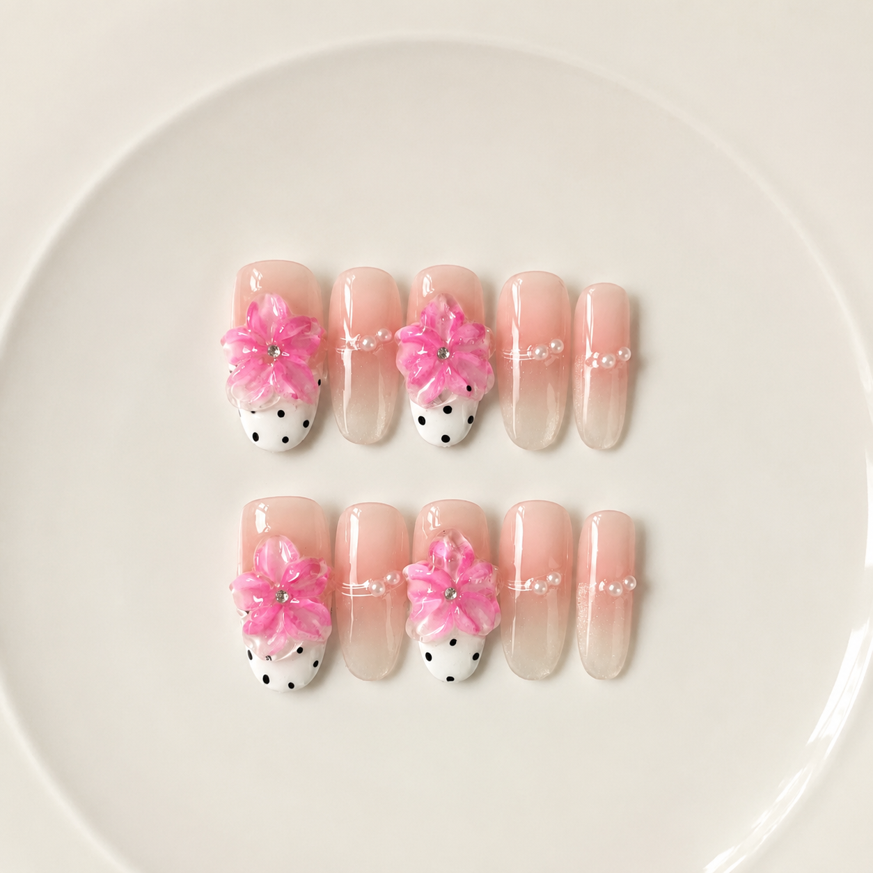 Handmade medium oval press on nails pink floral 3D flower polka dot french tip-Pink Bubble A020