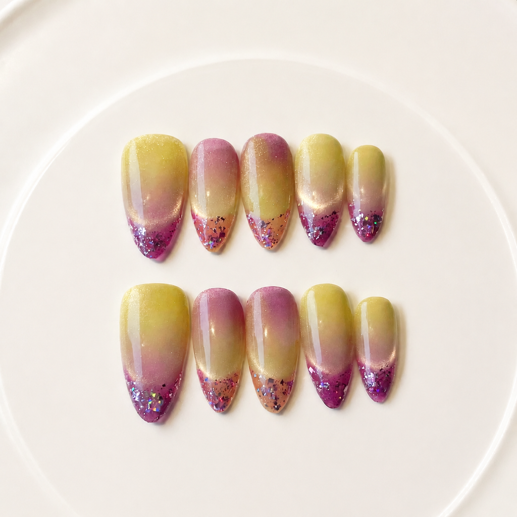 Handmade sunset gradient glitter medium almond shape reusable nails set green pink ombre design-Glow Ombre Series A031