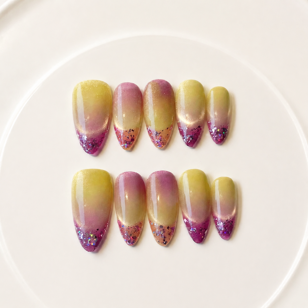 Handmade sunset gradient glitter medium almond shape reusable nails set green pink ombre design-Glow Ombre Series A031