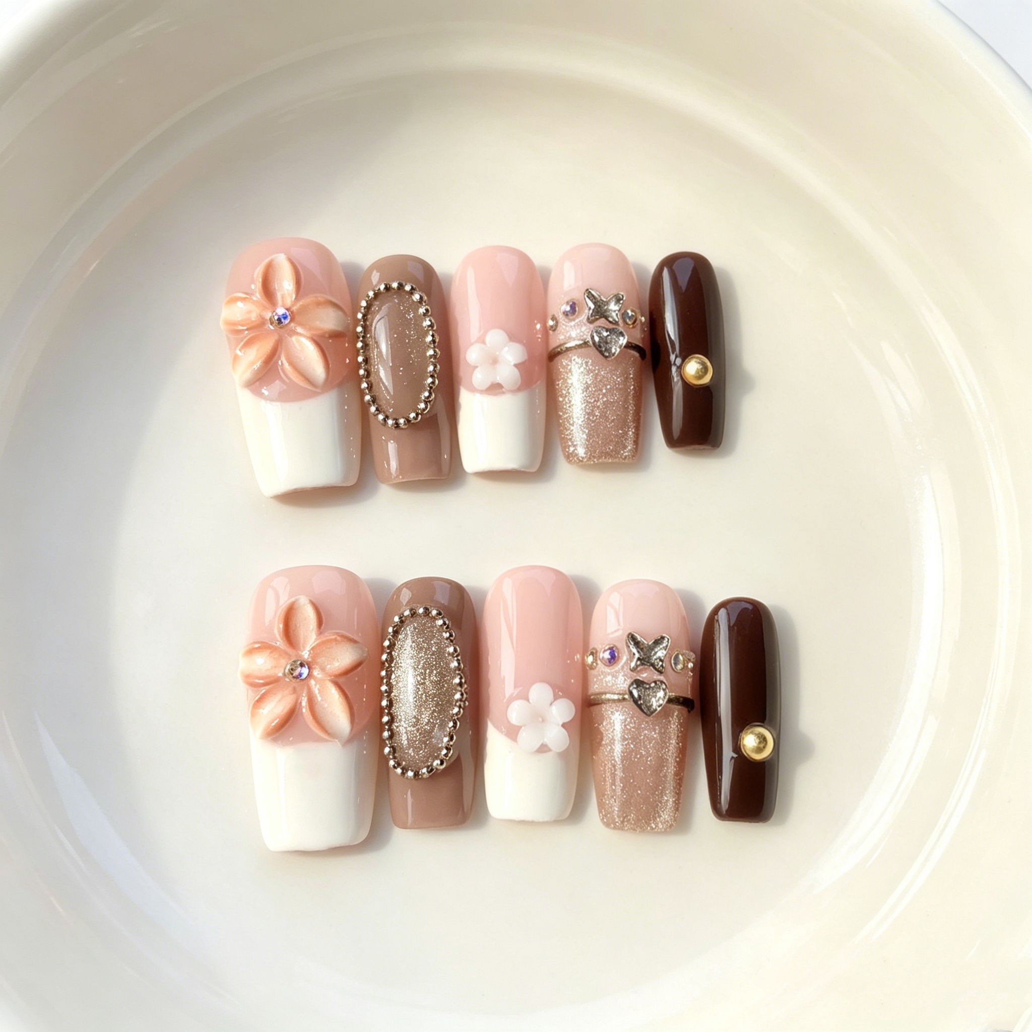 Elegant handmade mocha blossom medium coffin nails with cat eye and 3D flower-Amber Atelier A026