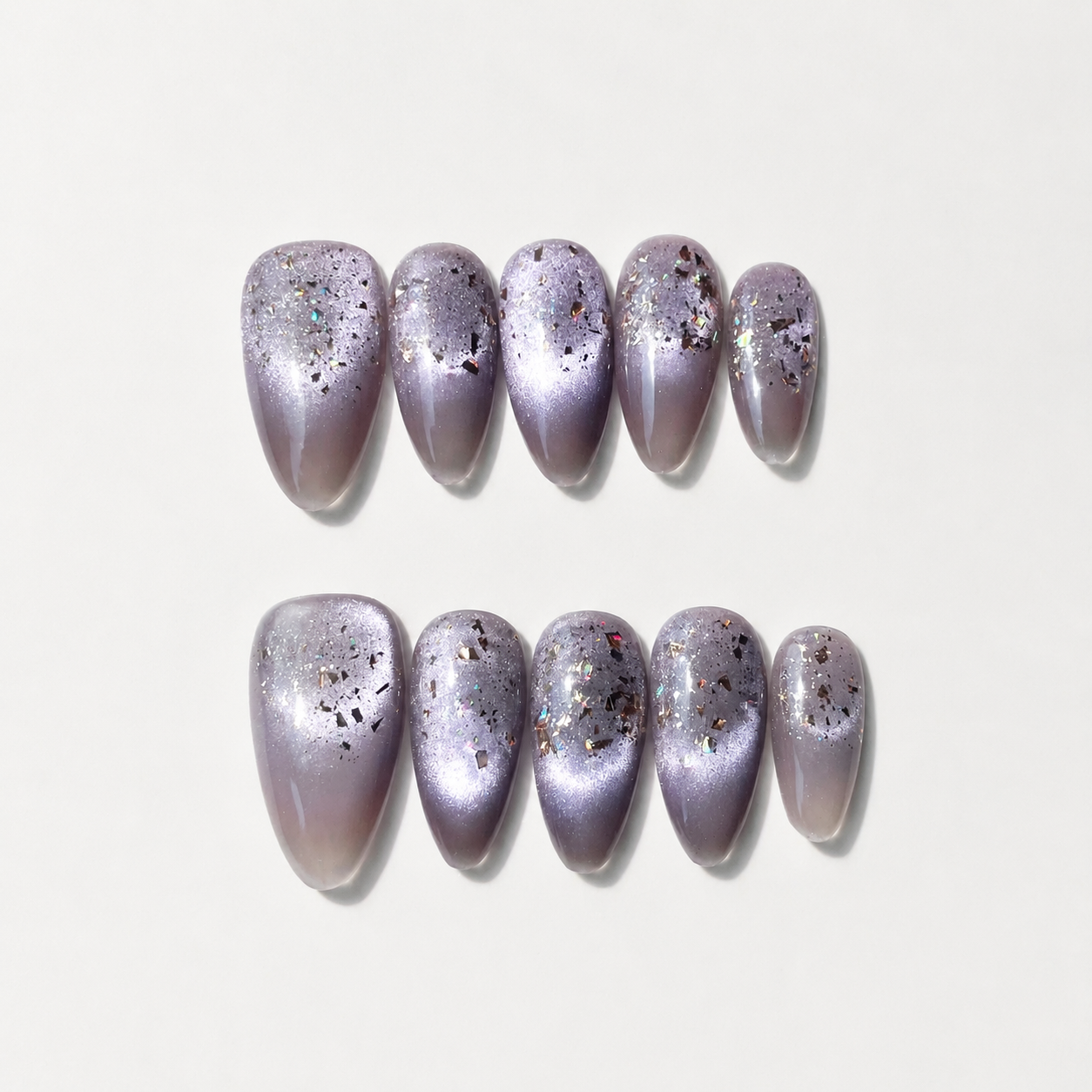 Handmade icy lavender galaxy press on nails aurora chrome glitter starry medium almond set-Frosted Violet Nebula A032