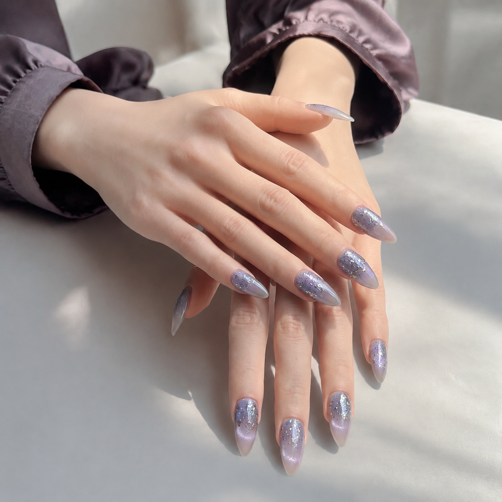 Handmade icy lavender galaxy press on nails aurora chrome glitter starry medium almond set-Frosted Violet Nebula A032