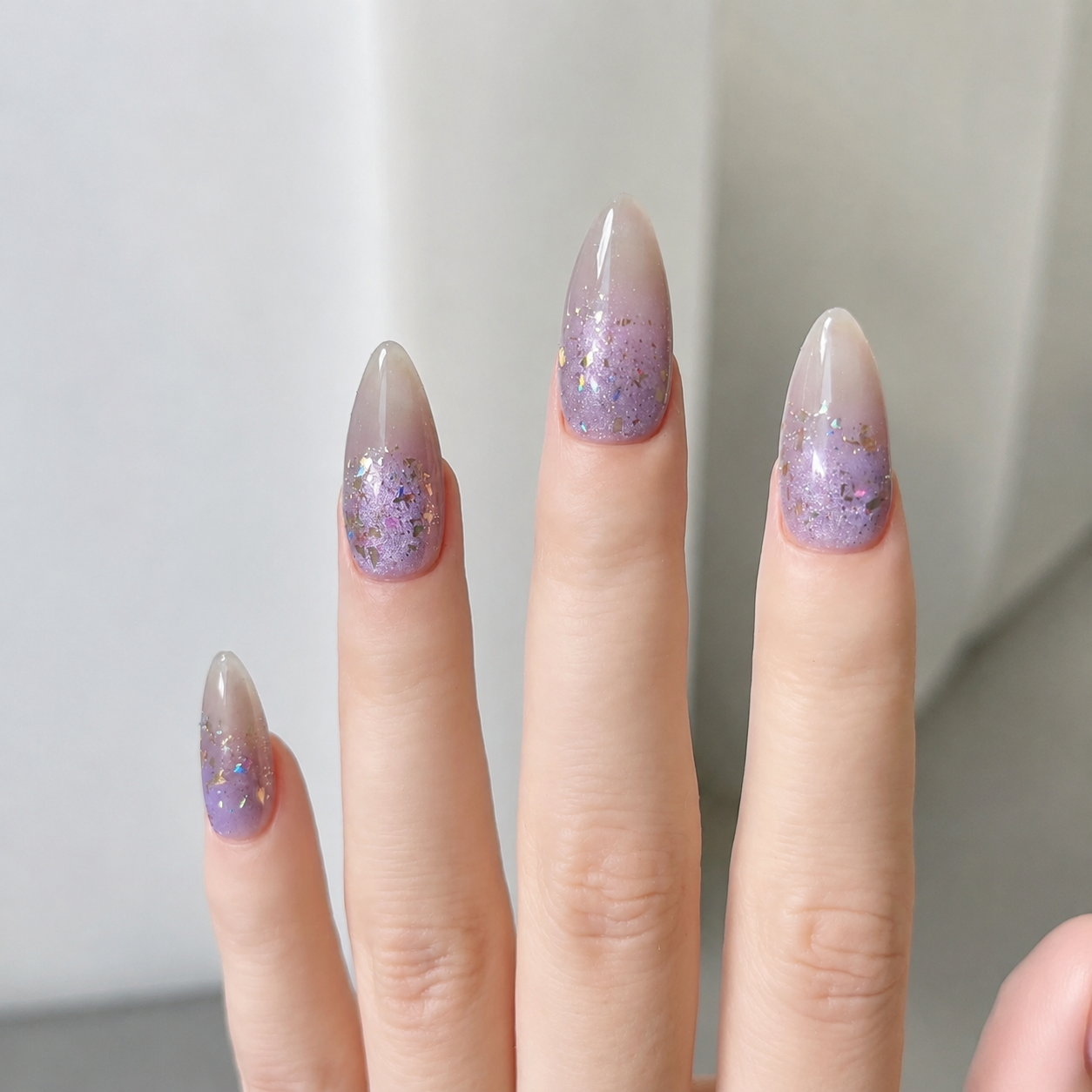 Handmade icy lavender galaxy press on nails aurora chrome glitter starry medium almond set-Frosted Violet Nebula A032