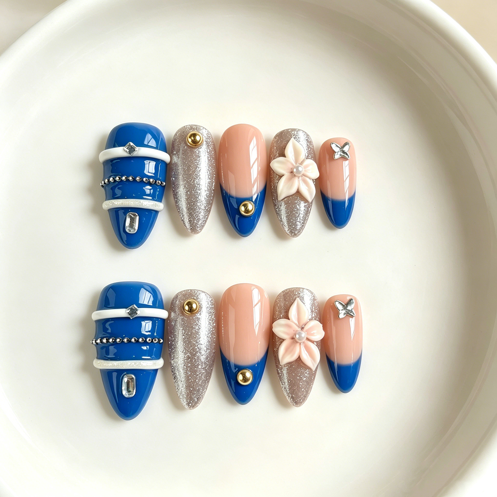 Handmade royal blue & silver glam with 3D flower medium almond nails gold accent design-Blue Bloom A028