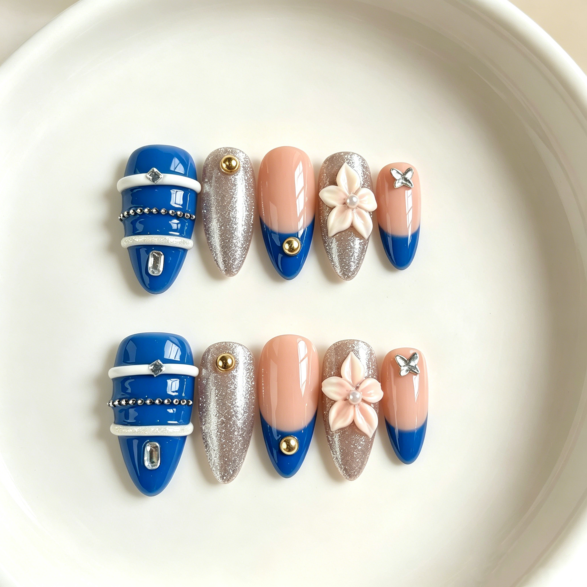 Handmade royal blue & silver glam with 3D flower medium almond nails gold accent design-Blue Bloom A028