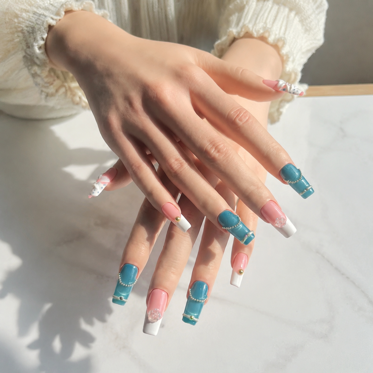 Handmade blue cat eye& peach luxe floral medium coffin nails with pearl chain french tip Y2K gold accent-Indigo Petal A029