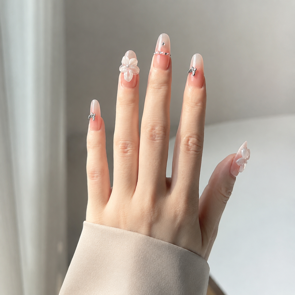 Handmade elegant pink cat eye nude 3D flower & butterfly nails ombre glossy rhinestone nail set medium oval nails-Rosemilk A027