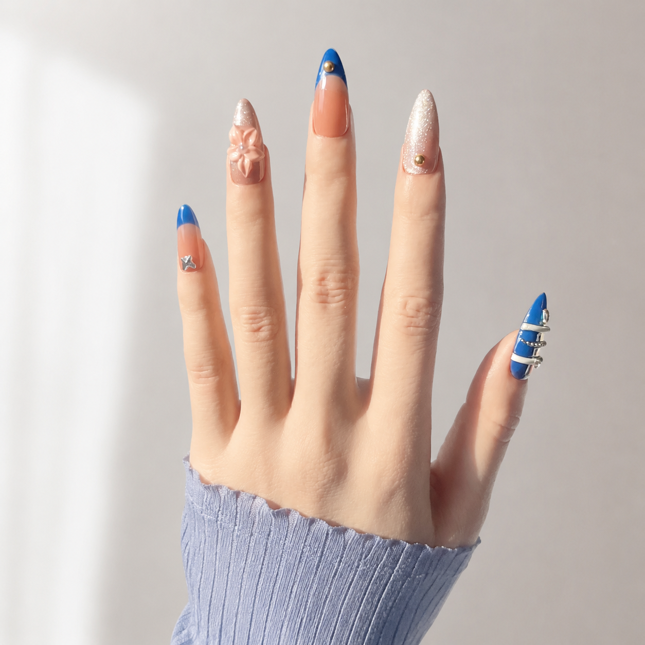Handmade royal blue & silver glam with 3D flower medium almond nails gold accent design-Blue Bloom A028
