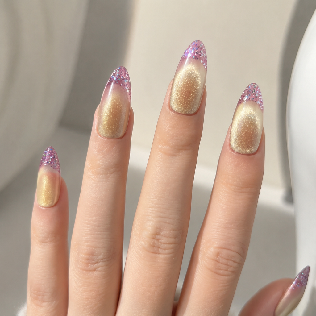 Handmade sunset gradient glitter medium almond shape reusable nails set green pink ombre design-Glow Ombre Series A031