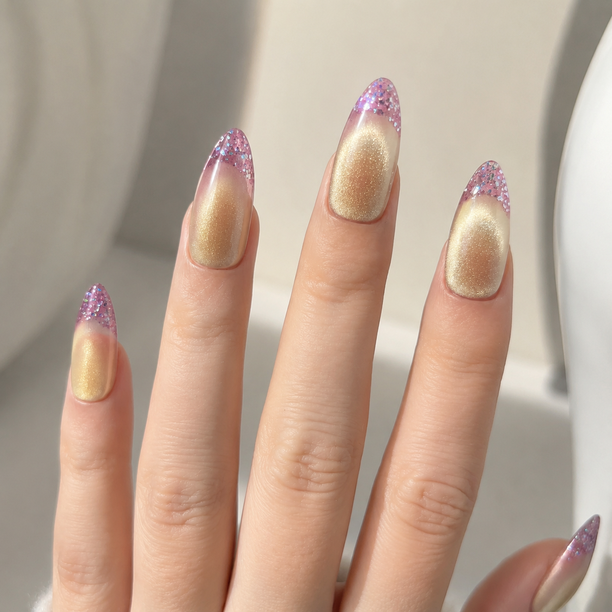 Handmade sunset gradient glitter medium almond shape reusable nails set green pink ombre design-Glow Ombre Series A031