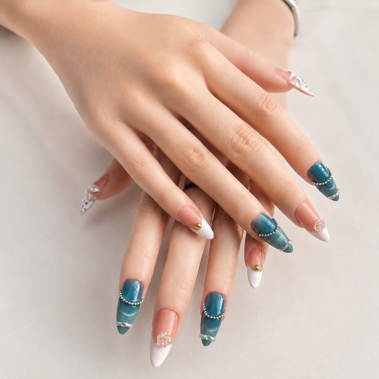 Handmade teal cat eye& peach luxe floral  medium almond nails with pearl chain french tip Y2K gold accent-Teal Petal A025