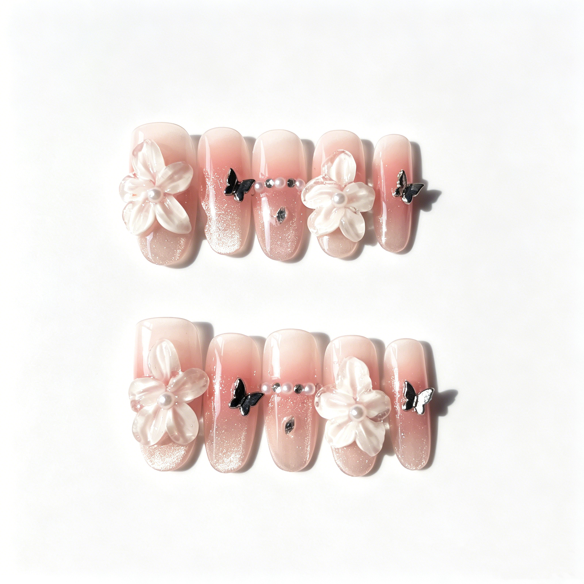 Handmade elegant pink cat eye nude 3D flower & butterfly nails ombre glossy rhinestone nail set medium oval nails-Rosemilk A027