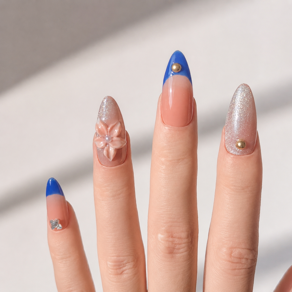 Handmade royal blue & silver glam with 3D flower medium almond nails gold accent design-Blue Bloom A028