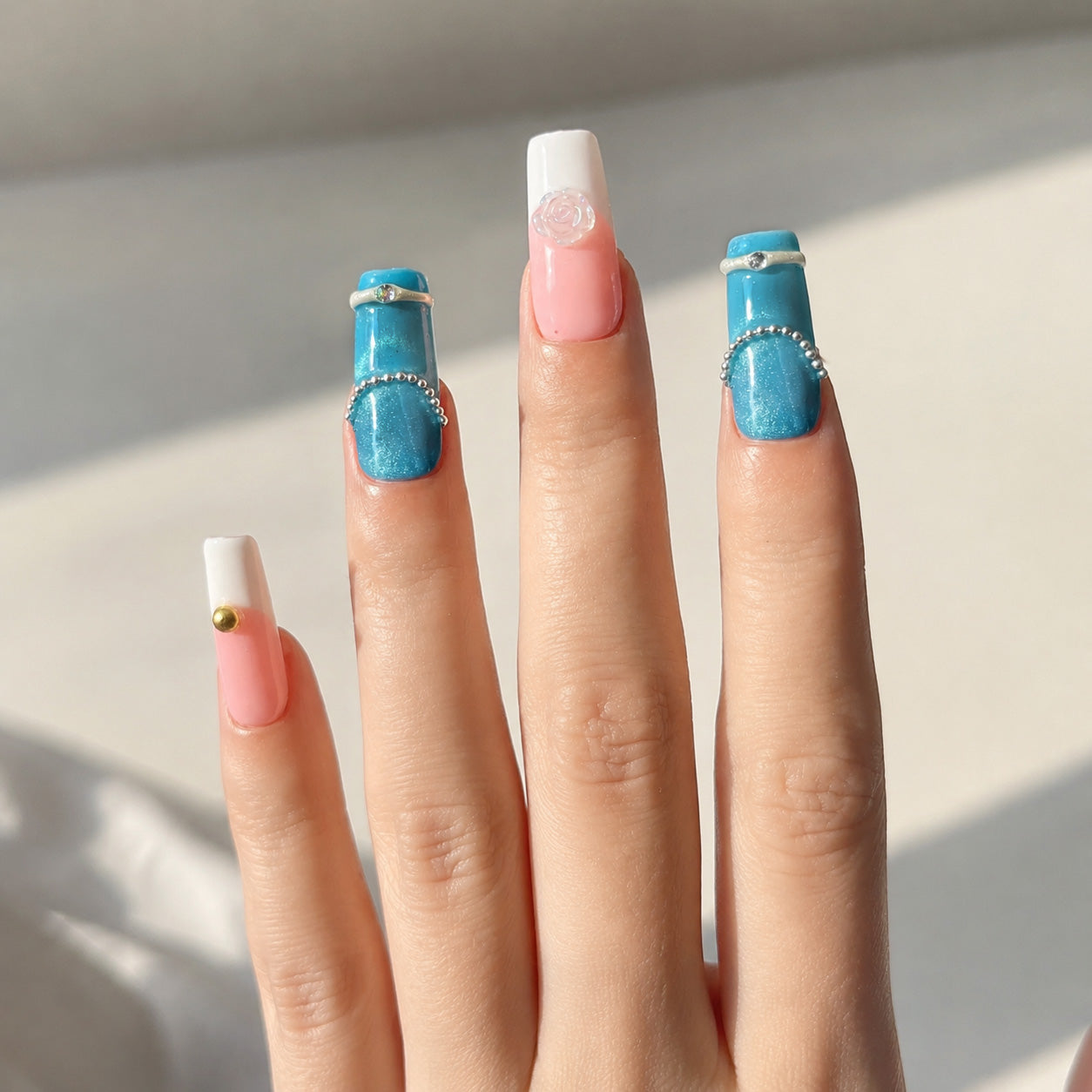 Handmade blue cat eye& peach luxe floral medium coffin nails with pearl chain french tip Y2K gold accent-Indigo Petal A029