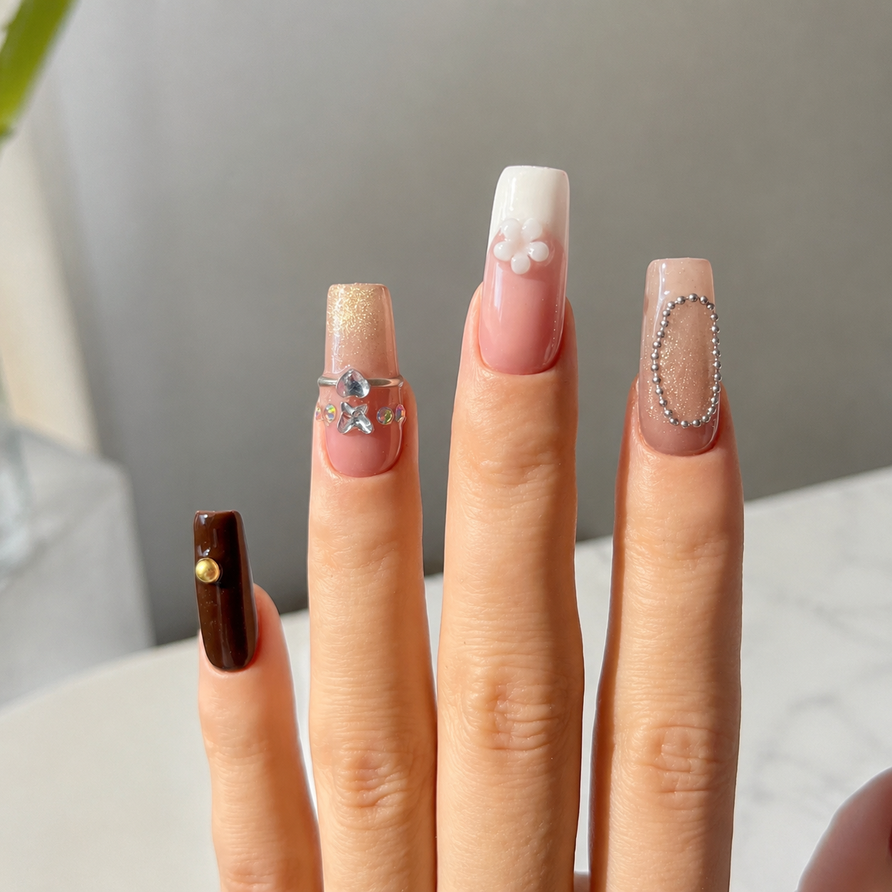 Elegant handmade mocha blossom medium coffin nails with cat eye and 3D flower-Amber Atelier A026