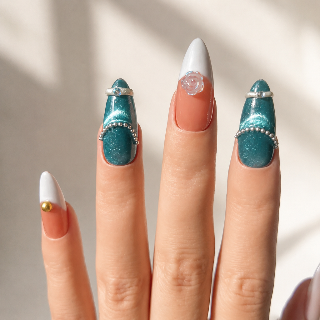 Handmade teal cat eye& peach luxe floral  medium almond nails with pearl chain french tip Y2K gold accent-Teal Petal A025