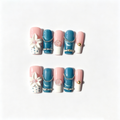 Handmade blue cat eye& peach luxe floral medium coffin nails with pearl chain french tip Y2K gold accent-Indigo Petal A029