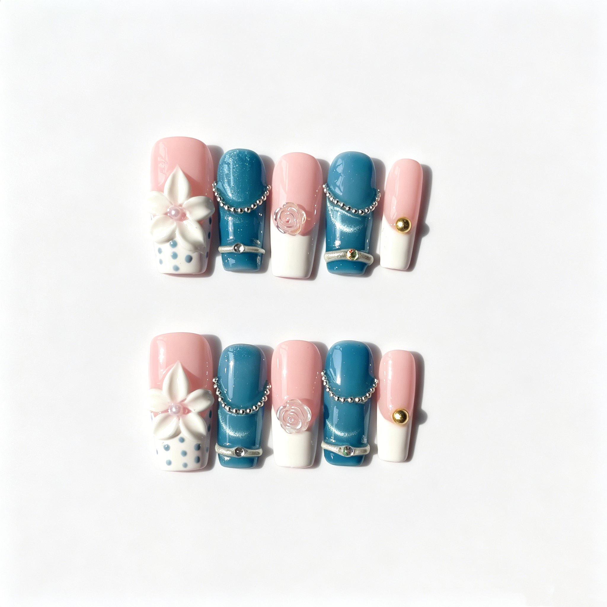 Handmade blue cat eye& peach luxe floral medium coffin nails with pearl chain french tip Y2K gold accent-Indigo Petal A029