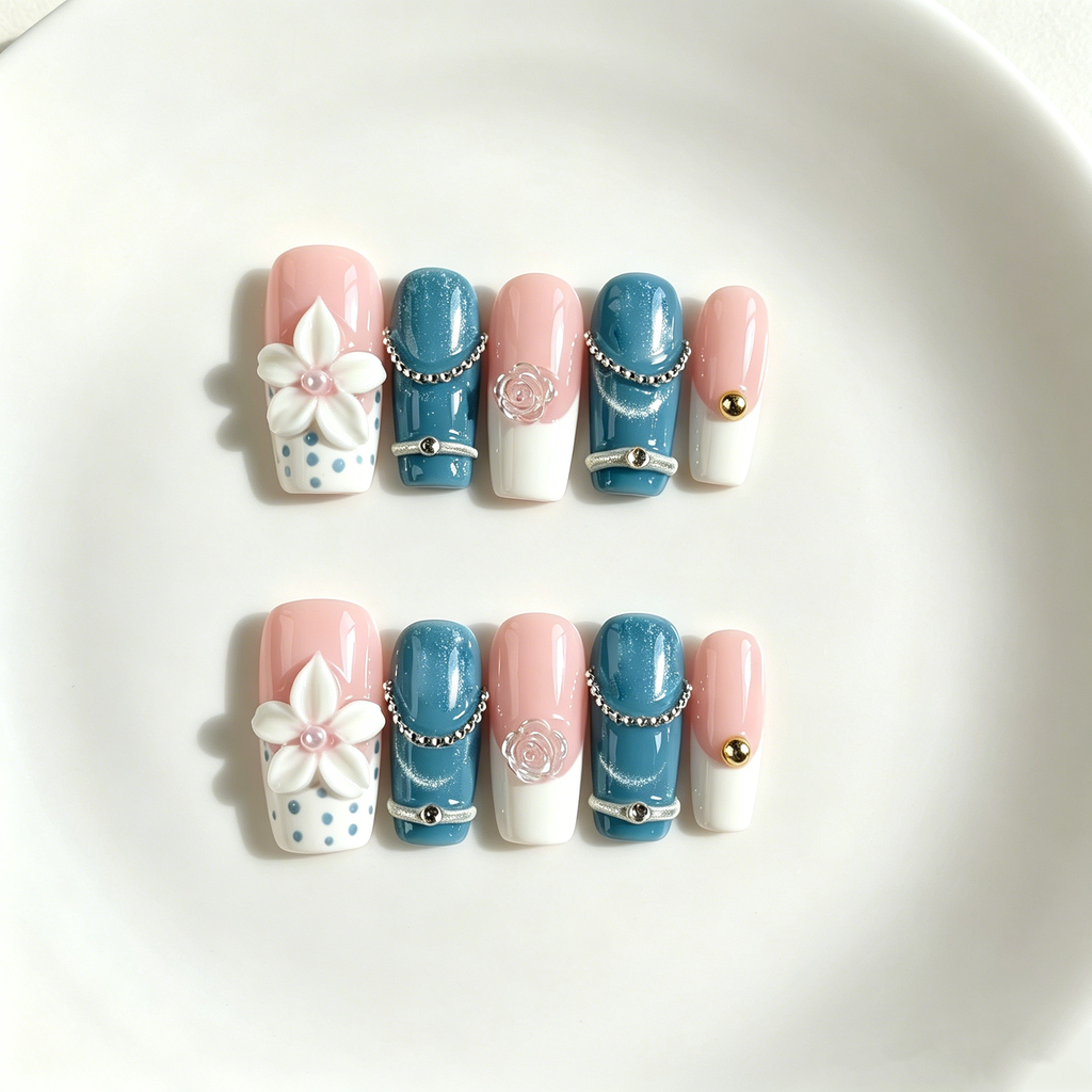 Handmade blue cat eye& peach luxe floral medium coffin nails with pearl chain french tip Y2K gold accent-Indigo Petal A029