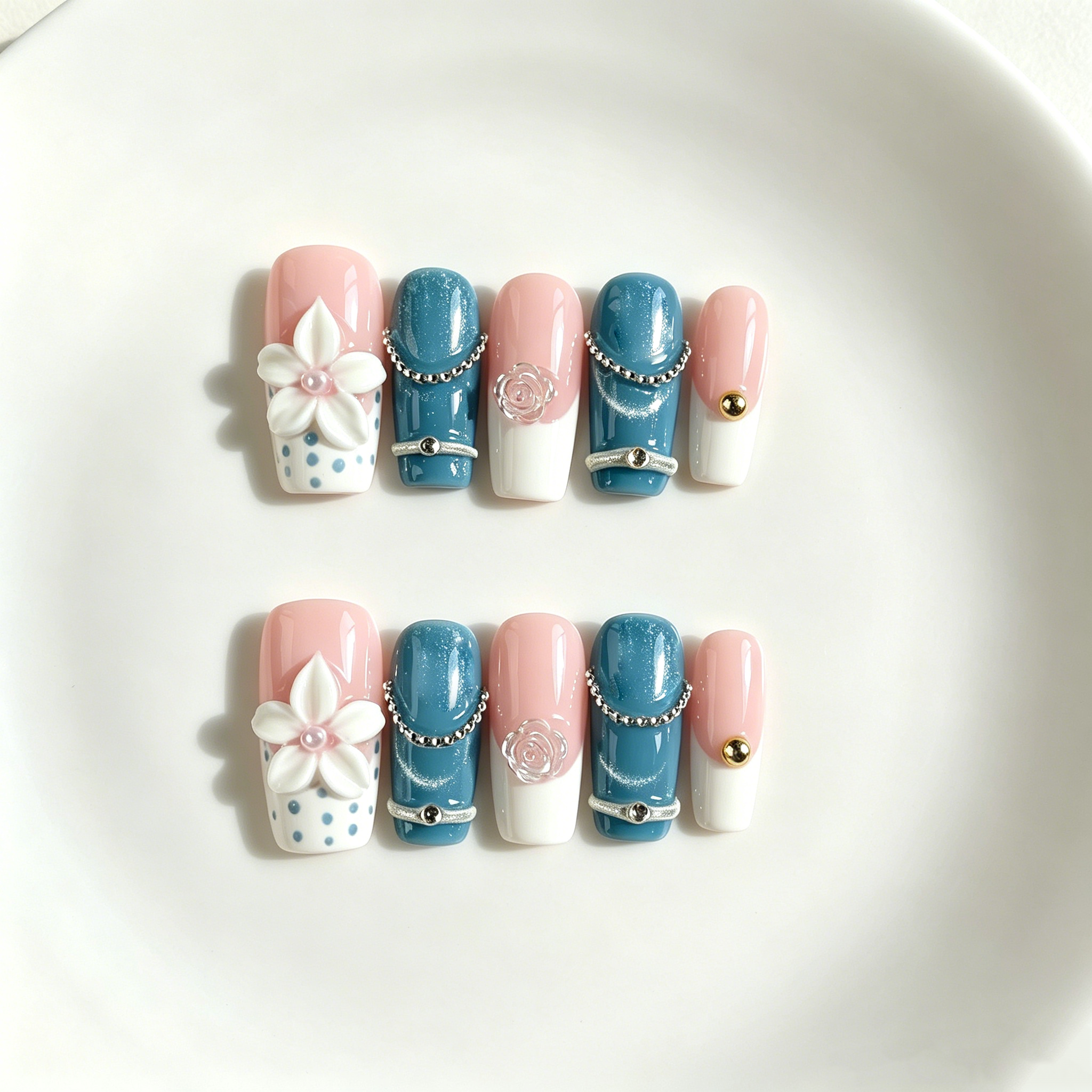 Handmade blue cat eye& peach luxe floral medium coffin nails with pearl chain french tip Y2K gold accent-Indigo Petal A029