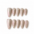 Handmade medium almond champagne silver cat eye lace Nails Iridescent Chrome Star Design Pink Glow Elegant Nail-Silver Veil Lace A030