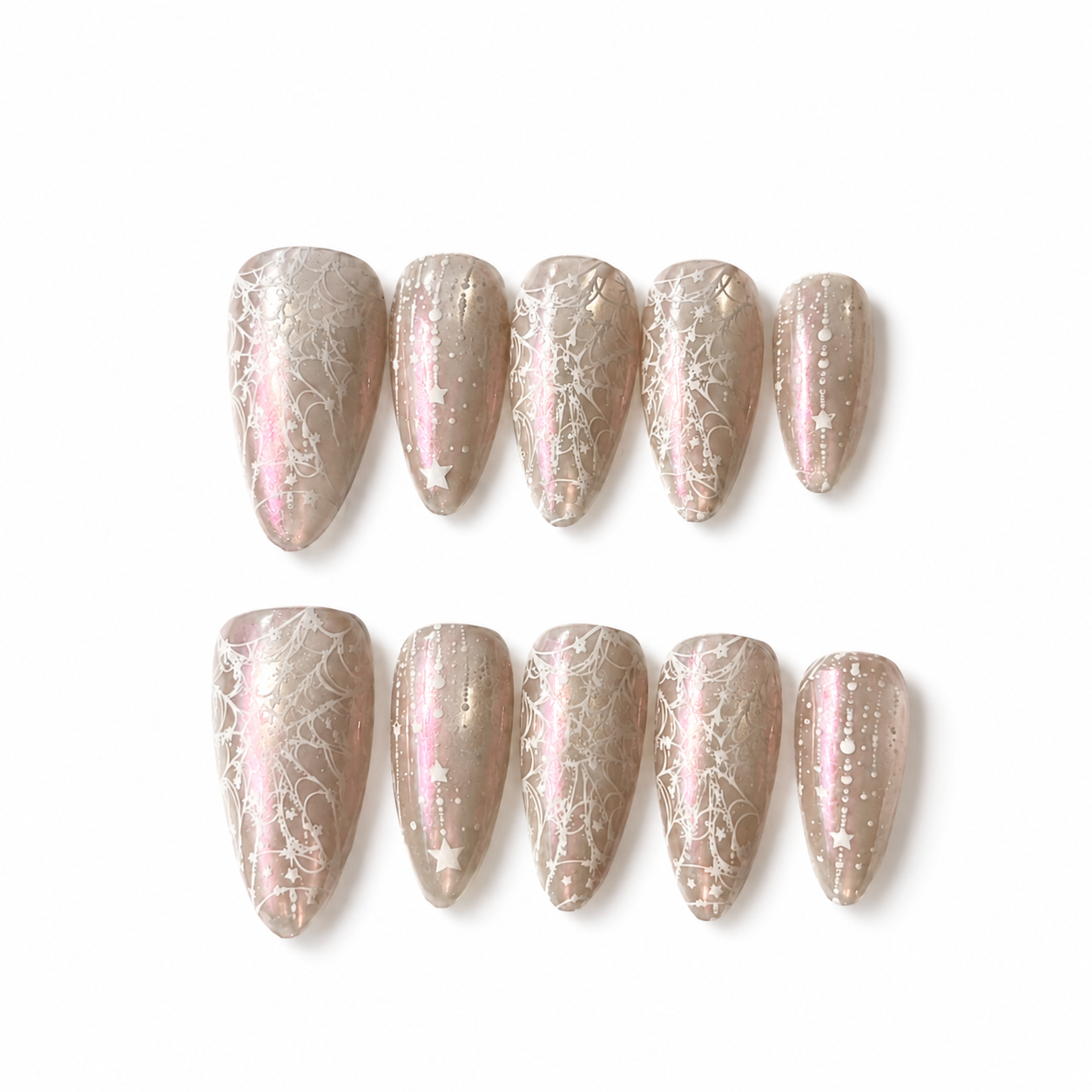 Handmade medium almond champagne silver cat eye lace Nails Iridescent Chrome Star Design Pink Glow Elegant Nail-Silver Veil Lace A030