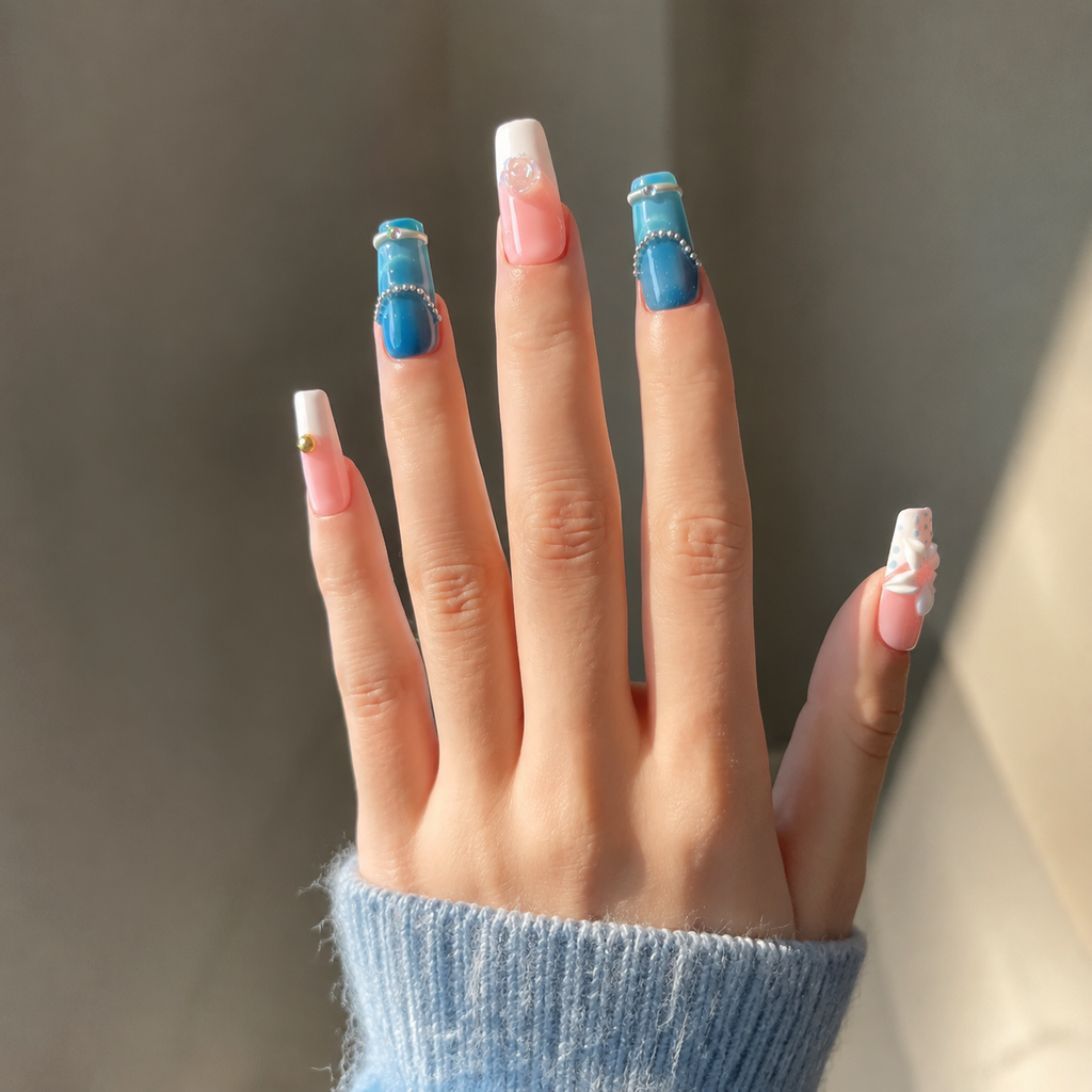 Handmade blue cat eye& peach luxe floral medium coffin nails with pearl chain french tip Y2K gold accent-Indigo Petal A029