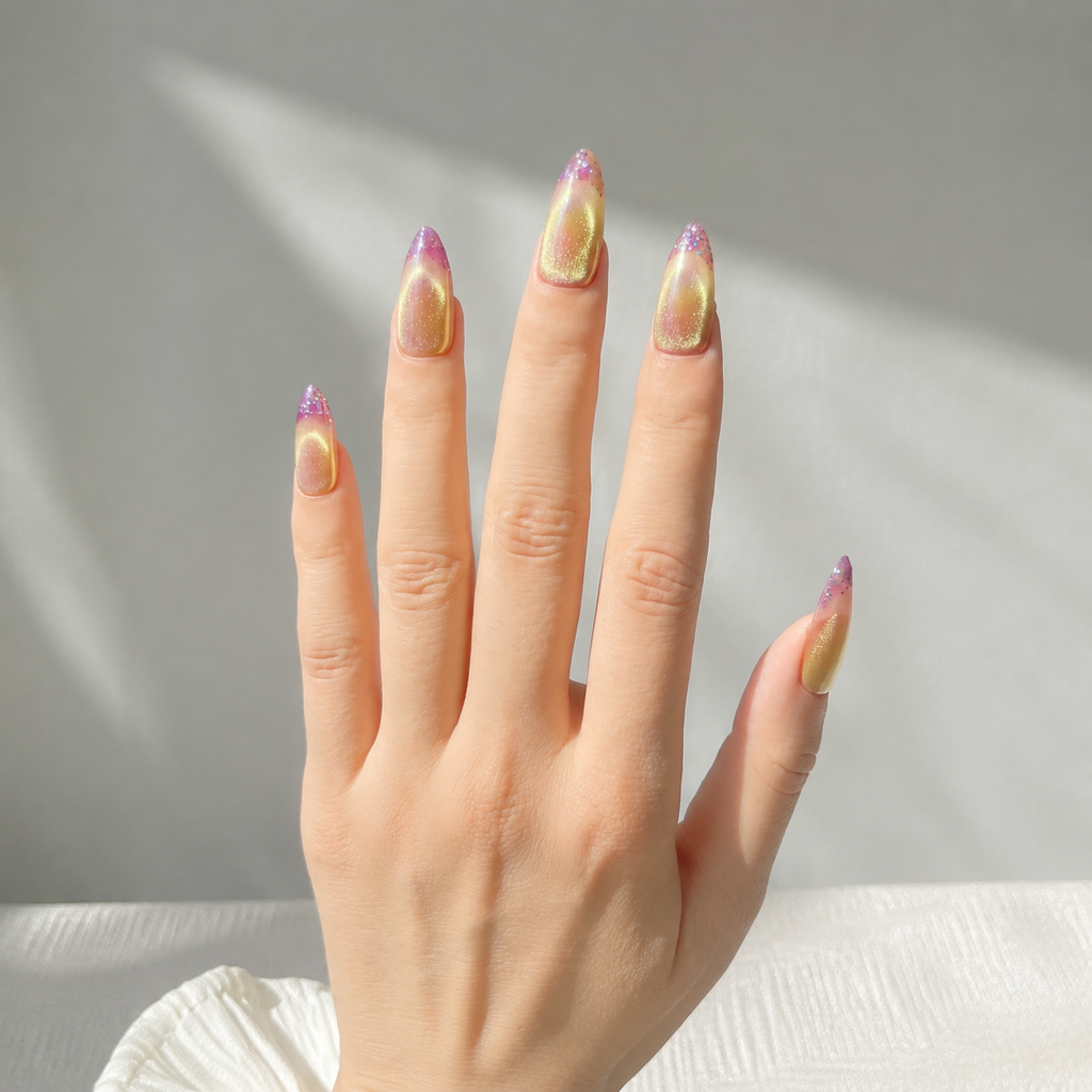Handmade sunset gradient glitter medium almond shape reusable nails set green pink ombre design-Glow Ombre Series A031
