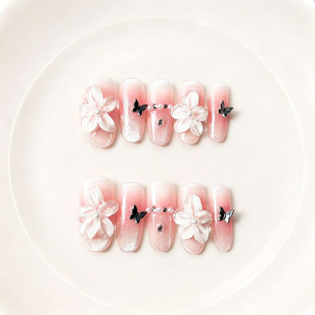 Handmade elegant pink cat eye nude 3D flower & butterfly nails ombre glossy rhinestone nail set medium oval nails-Rosemilk A027