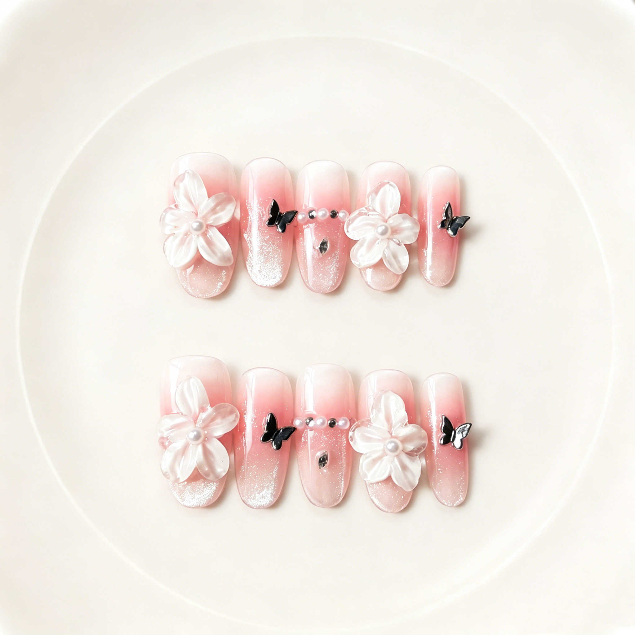 Handmade elegant pink cat eye nude 3D flower & butterfly nails ombre glossy rhinestone nail set medium oval nails-Rosemilk A027