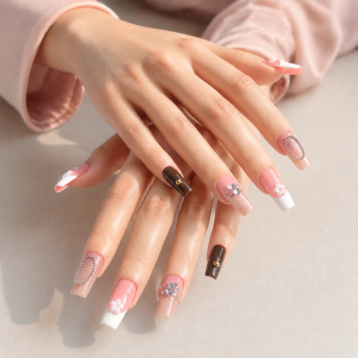 Elegant handmade mocha blossom medium coffin nails with cat eye and 3D flower-Amber Atelier A026