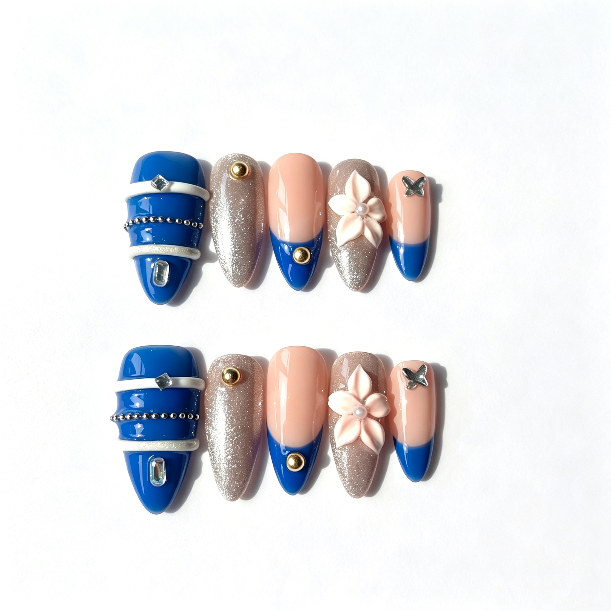 Handmade royal blue & silver glam with 3D flower medium almond nails gold accent design-Blue Bloom A028