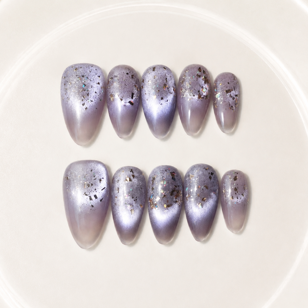 Handmade icy lavender galaxy press on nails aurora chrome glitter starry medium almond set-Frosted Violet Nebula A032