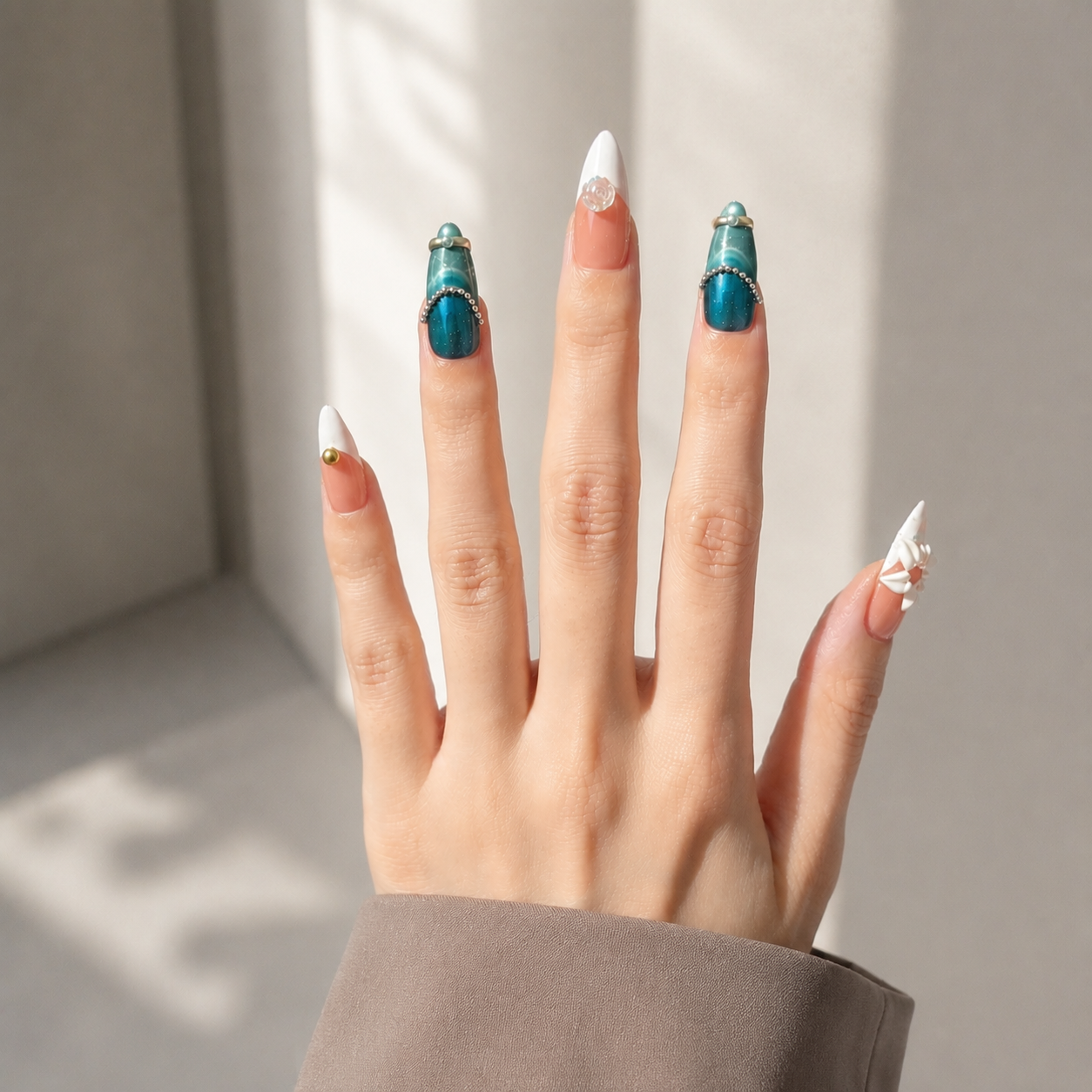 Handmade teal cat eye& peach luxe floral  medium almond nails with pearl chain french tip Y2K gold accent-Teal Petal A025