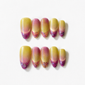 Handmade sunset gradient glitter medium almond shape reusable nails set green pink ombre design-Glow Ombre Series A031