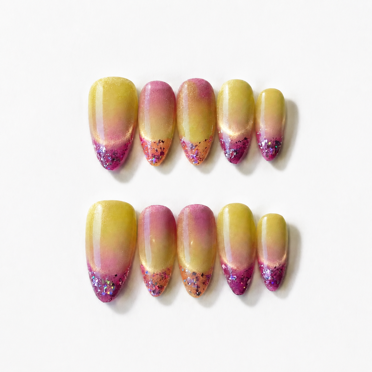 Handmade sunset gradient glitter medium almond shape reusable nails set green pink ombre design-Glow Ombre Series A031
